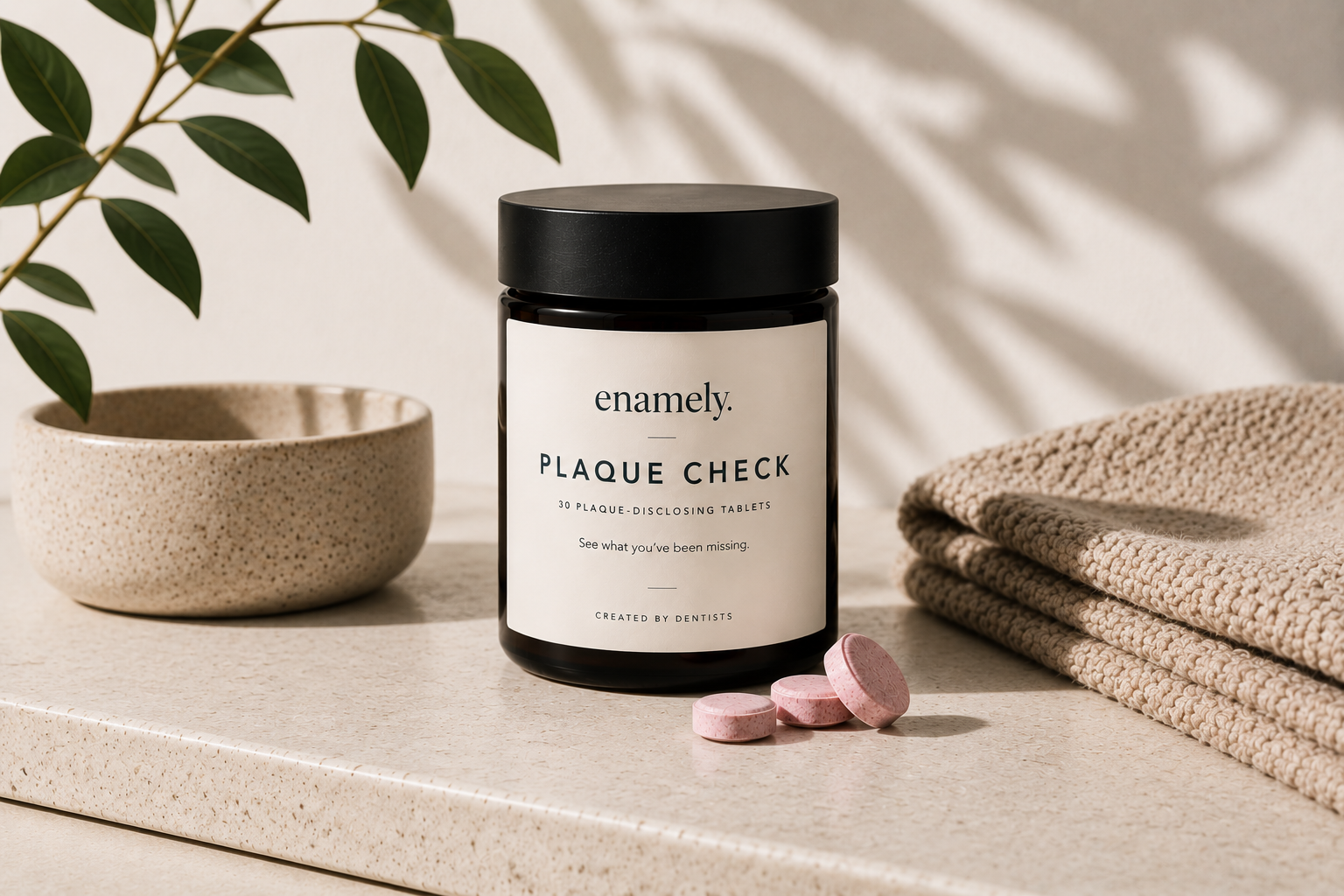 Enamely Plaque Check jar — 30 plaque-disclosing tablets