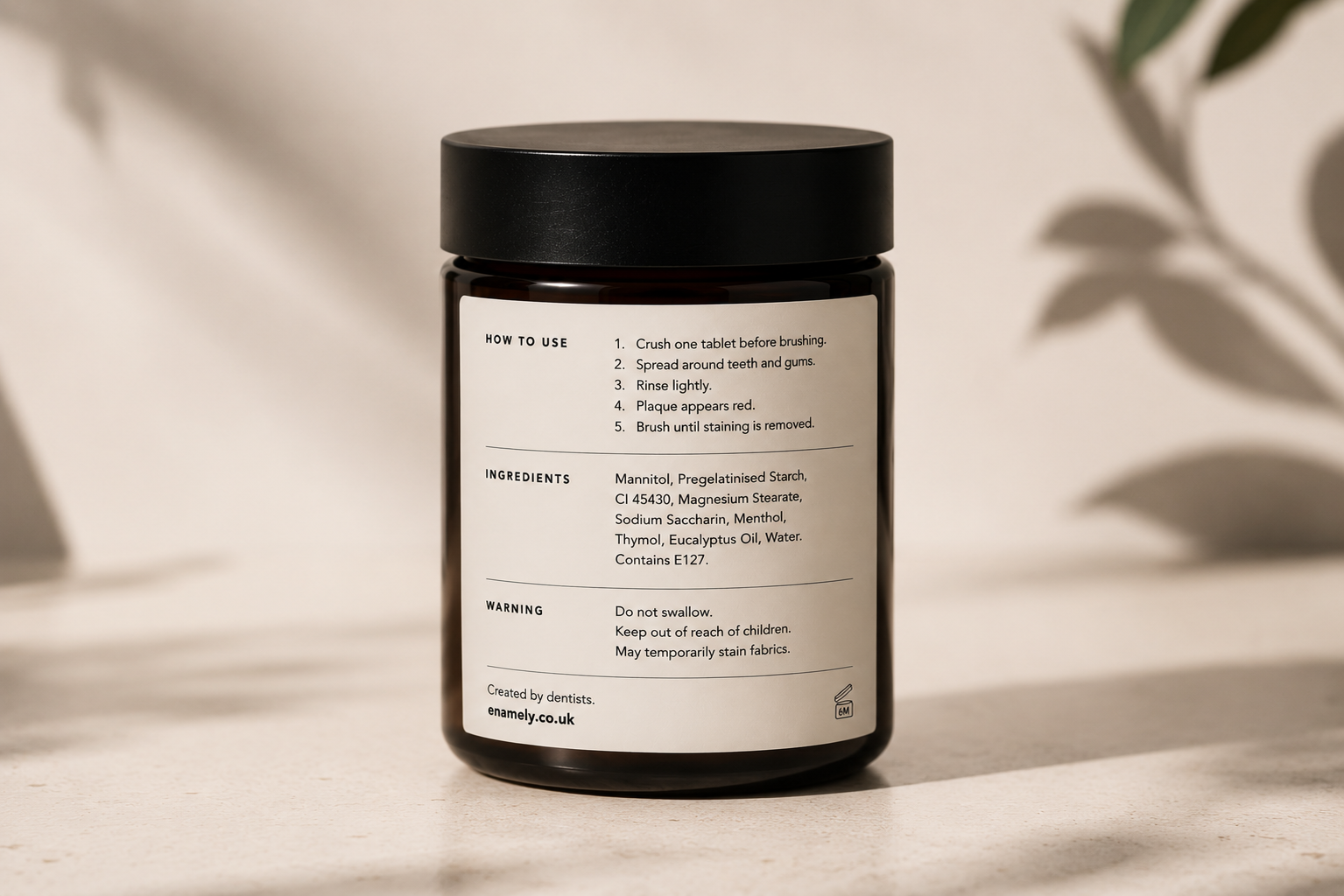 Enamely Plaque Check — back of jar showing how to use, ingredients and warnings